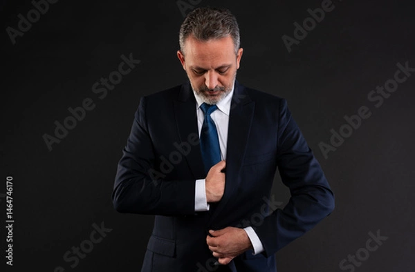Fototapeta Businessman buttoning suit while looking down.