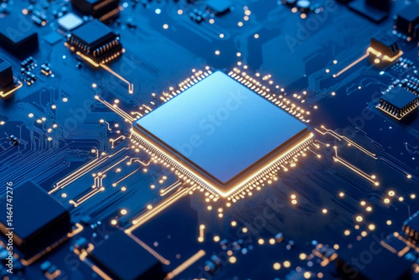 Fototapeta Close-up of a glowing microchip on a circuit board, highlighting modern technology, connectivity, and electronic innovation