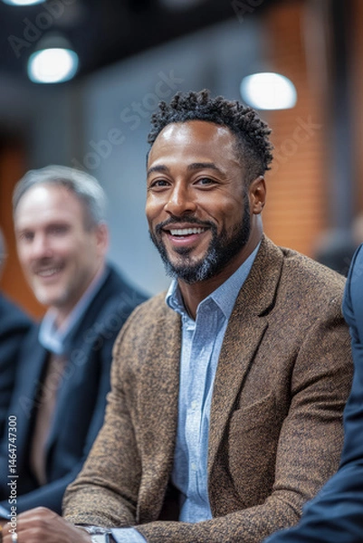 Fototapeta Confident businessman smiling during a professional event, dressed in a stylish blazer, seated with colleagues in a modern office setting