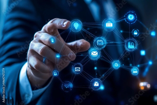 Fototapeta Businessman interacting with digital interface of connected icons representing cybersecurity, communication, data sharing, and network technology solutions