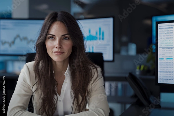 Fototapeta Confident businesswoman in a modern office, surrounded by computer monitors displaying financial graphs and data analytics