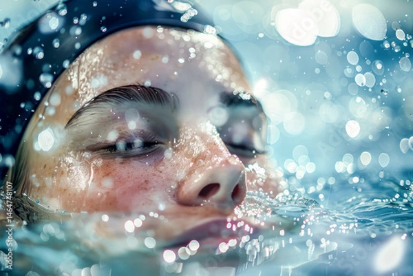 Fototapeta Close-up of a swimmer's face emerging from water, with glistening droplets and bokeh light reflections creating a dreamy effect
