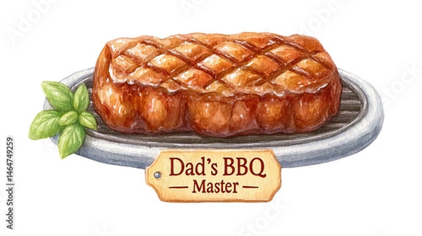 Fototapeta Father’s Day BBQ illustration with grilled meat and “Dad’s BBQ Master” sign – perfect cutout for celebration designs and food branding content