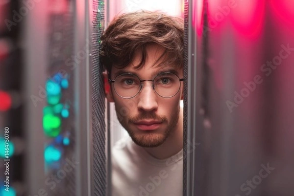 Fototapeta Handsome young man wearing glasses in data center looking at camera through server rack. Technology and digital security concept for internet service or cloud connection using virtual private network.