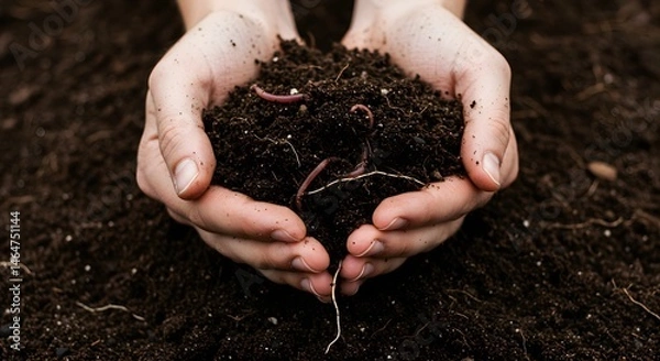 Obraz Hands holding soil with earthworms
