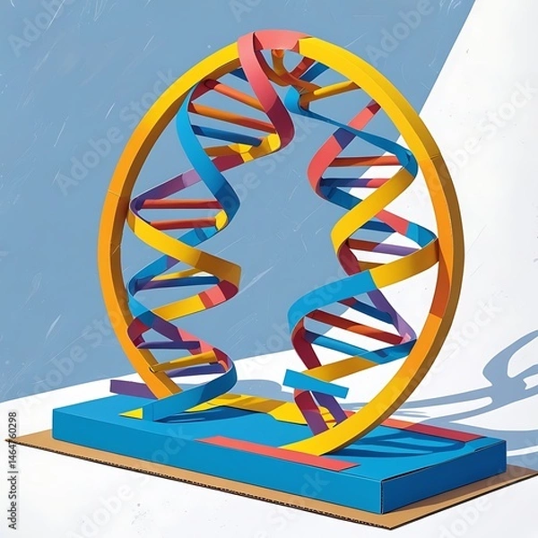 Obraz Colorful 3D sculpture representing DNA strands, featuring vibrant hues and dynamic shapes, set against a light blue background.