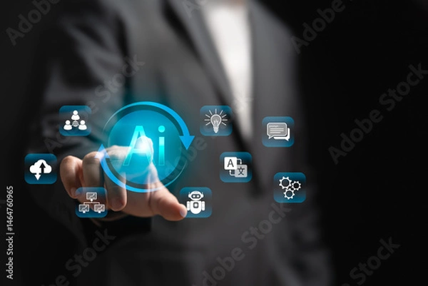 Obraz Ai Artificial Intelligence Content Generator tool concept, Businessman use AI tool learning new modern things develop work efficiently, Generate images, Write code, Advertising Translate language