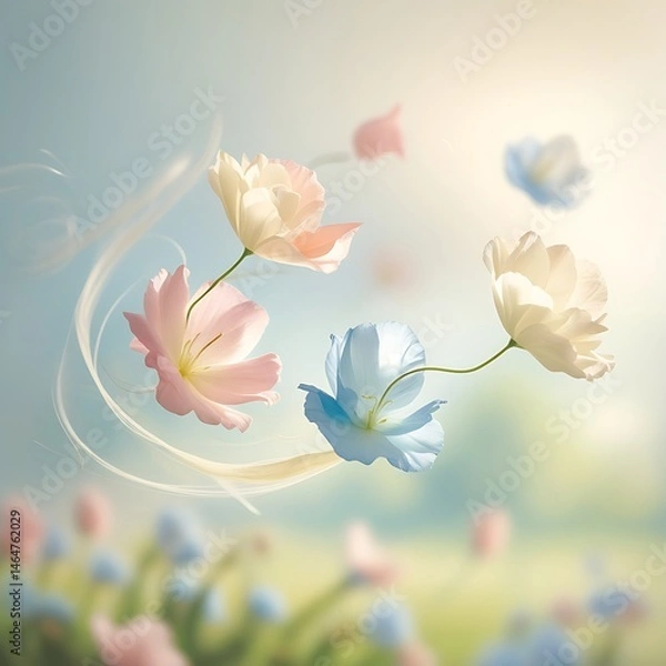 Obraz Delicate pastel flowers floating gracefully in a soft, dreamy background, evoking a sense of tranquility and beauty in nature.