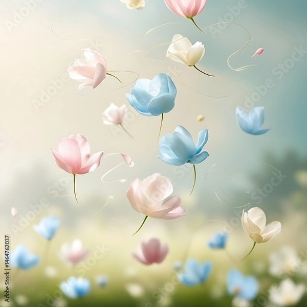 Obraz Delicate, colorful flowers float gently in a soft, dreamy background, creating a serene and whimsical atmosphere.