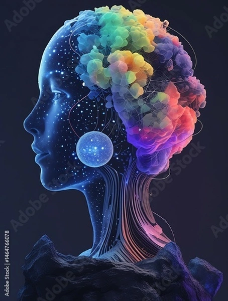 Obraz A colorful, abstract silhouette of a woman with a vibrant brain-like structure, blending art and technology in a dreamlike portrayal.