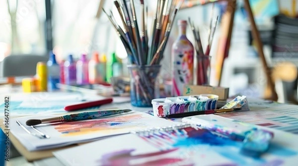 Fototapeta A vibrant artist workspace filled with brushes, paints, and papers, inspiring creativity and artistic expression.