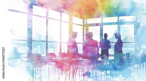 Fototapeta A vibrant watercolor painting depicting professionals collaborating in a modern office environment, showcasing teamwork and creativity.