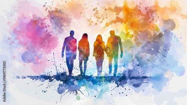 Fototapeta A vibrant watercolor illustration of four people walking together, symbolizing unity and connection in a colorful world.