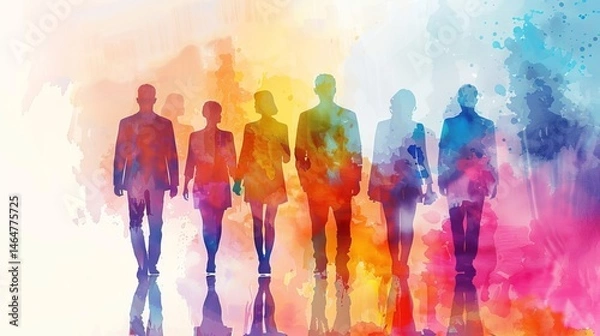 Fototapeta Silhouetted figures in a colorful abstract background, representing teamwork and collaboration in a vibrant setting.