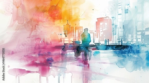 Fototapeta A vibrant watercolor illustration capturing the essence of urban life with colorful abstractions and silhouettes of people.