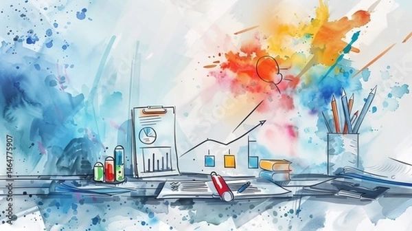 Fototapeta A vibrant watercolor illustration depicting a creative workspace with charts, art supplies, and colorful splashes for inspiration.