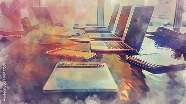 Fototapeta A vibrant workspace featuring laptops and stationery, ideal for modern business settings and creative collaboration.