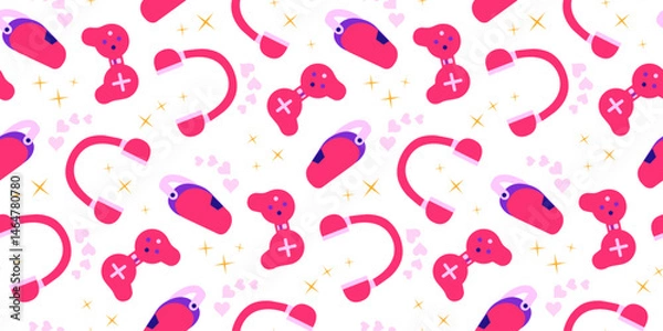 Obraz Gamer girl concept design seamless pattern with pink color joystick, headset and virtual reality glasses, vector illustration