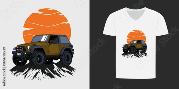 Fototapeta A rugged off-road jeep with a sunset backdrop, perfect for adventure lovers. This design is ideal for t-shirts, capturing the spirit of exploration and outdoor adventure in a stylish and bold graphic