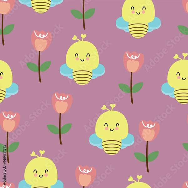 Fototapeta Seamless pattern cartoon cute bees and tulips flower and leaves. botanical wallpaper for textile, gift wrap paper