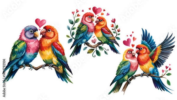 Fototapeta A vibrant digital painting a love bird couple on a branch surrounded by hearts