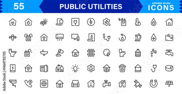 Fototapeta Essential Public Utility Icons. Clean Line Art Symbols, Stylish Vector Icons for Power, Water, and City Systems