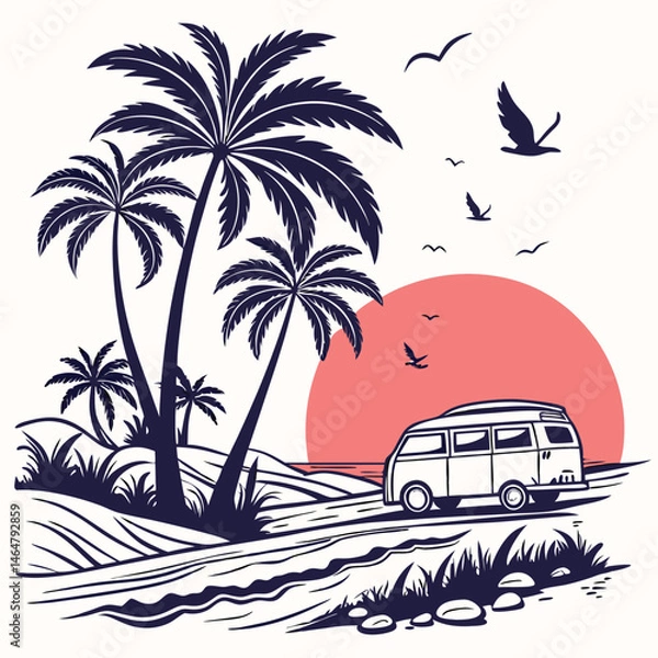 Fototapeta A stylized illustration of a serene beach scene featuring tall palm trees, a winding road, and a vintage van traveling towards a vibrant, large sun setting on the horizon