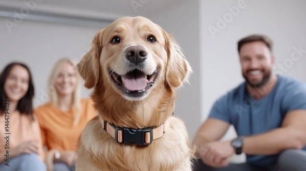 Fototapeta Happy Golden Retriever with Family at Home