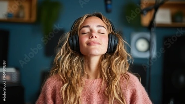 Fototapeta A serene young woman, deeply immersed in music with headphones on, embodies tranquility and joyful escape, capturing a moment of blissful meditative peace.