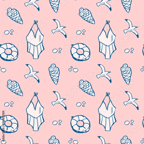Fototapeta Seamless summer pattern with swimsuits, ice cream, seagulls, lifebuoys on pink background. dolce vita summer doodle vector illustration. Italian style.