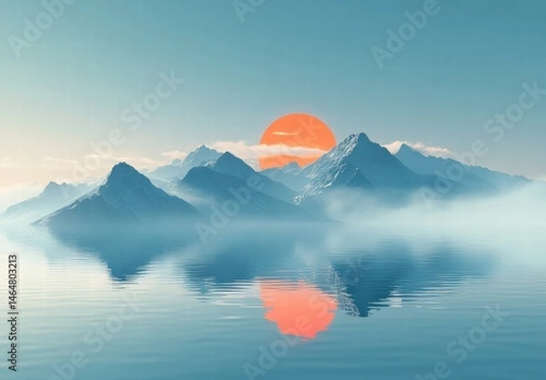 Fototapeta The sunset reflects on the mountain lake, a quiet and picturesque scene