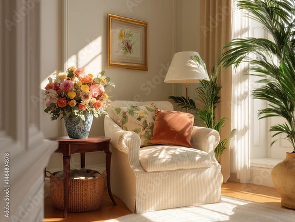 Fototapeta Inviting cozy corner with floral arrangement, soft armchair, and warm sunlight streaming through window