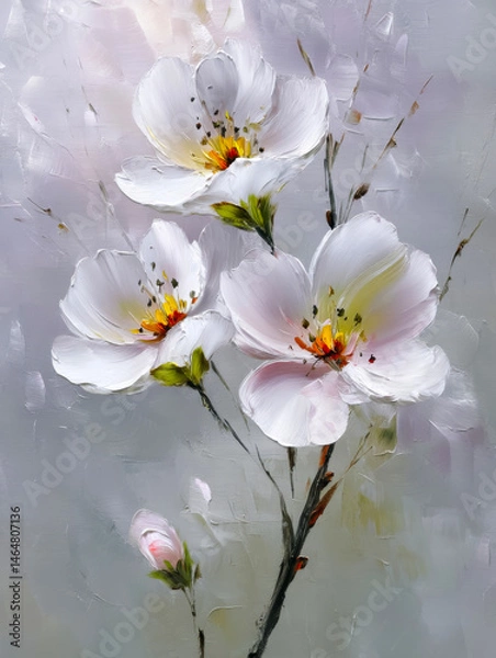 Fototapeta White petals gracefully bloom in a painting, oil painting, painted with a palette knife, three-dimensional sense of space