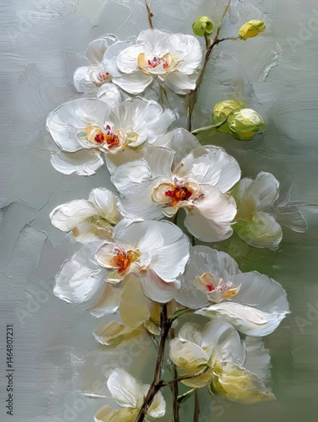 Fototapeta White petals gracefully bloom in a painting, oil painting, painted with a palette knife, three-dimensional sense of space