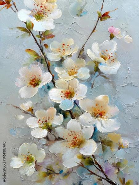 Fototapeta White petals gracefully bloom in a painting, oil painting, painted with a palette knife, three-dimensional sense of space