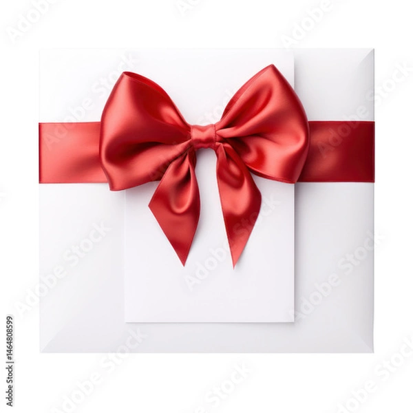 Fototapeta Gift of Elegance: A pristine white envelope is beautifully adorned with a vibrant red satin ribbon and bow, creating an atmosphere of anticipation and celebration.
