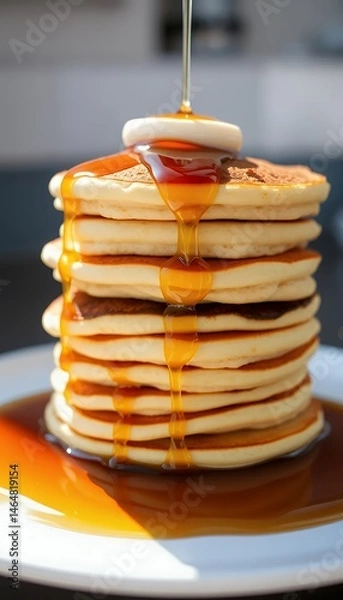 Fototapeta Elevated Golden Pancake Stack with Pouring Maple Syrup and Butter Side Light on a White Plate Delicious Breakfast