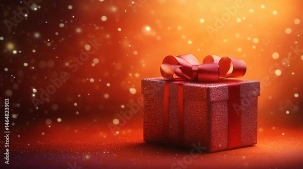 Fototapeta Festive Red Gift Box with Glitter and Ribbon