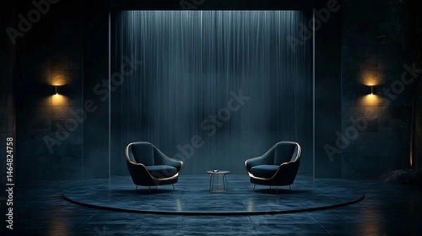 Fototapeta Dark, luxurious interior space with waterfall.  Two comfortable armchairs and a small table in the center