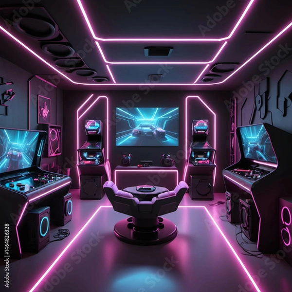 Obraz A futuristic gaming room with neon lighting, modular furniture, and a soundproof ceiling.