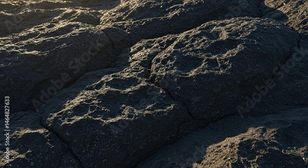 Fototapeta Dark Volcanic Rock Formation at Sunset, Textured Surface