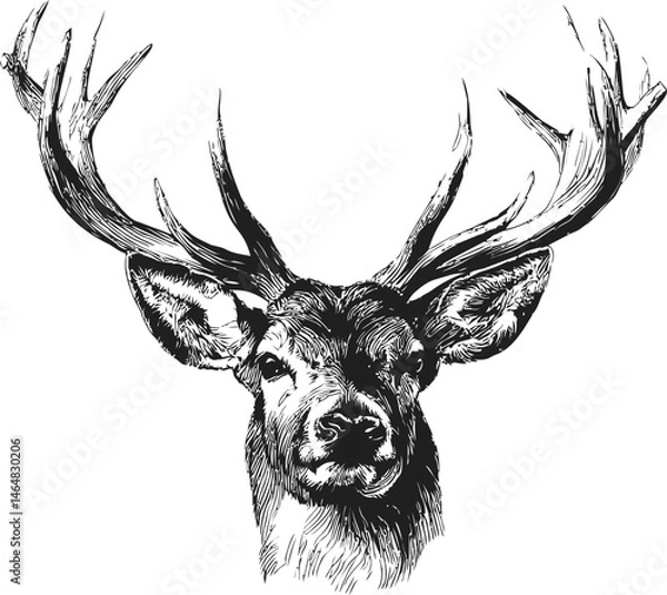 Fototapeta Detailed black and white illustration of a deer head with large antlers. Vector illustration