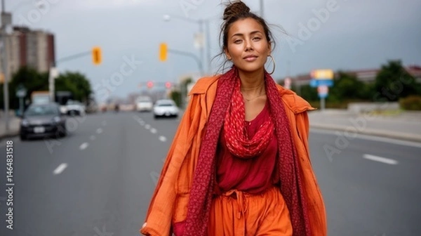 Obraz Woman Walking on Urban Street During Daylight with Modern Traffic Background and Overcast Sky
