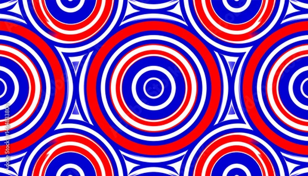 Fototapeta Red, blue, and white concentric circles create bold symmetrical geometric pattern, evoking vibrant and energetic visual effect suitable for backgrounds or modern design