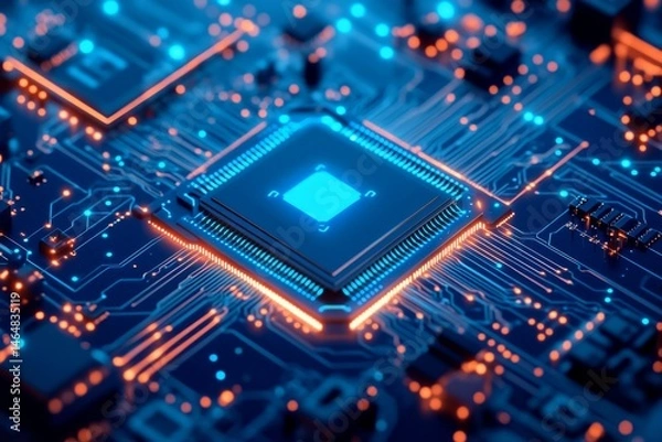 Fototapeta High-tech CPU on circuit board, glowing lines, digital background, for technology concept