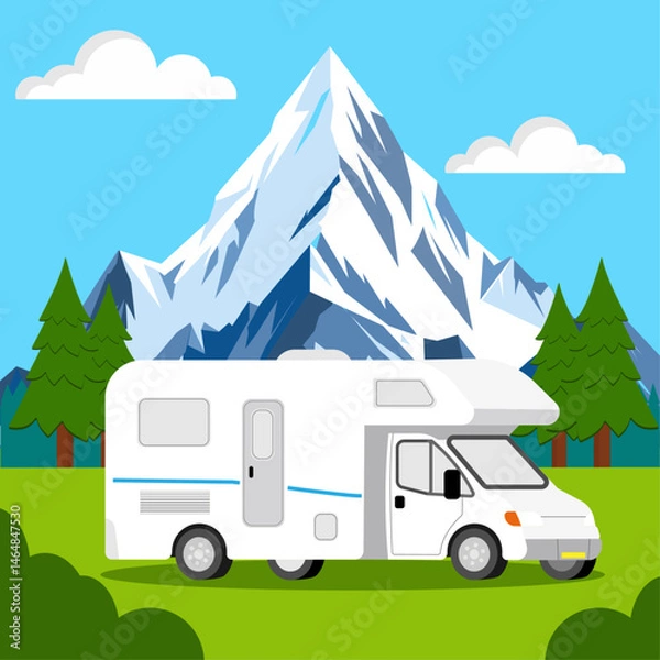 Fototapeta Motorhome, Campervan or RV in a campsite below a mountain, vacation or adventure concept