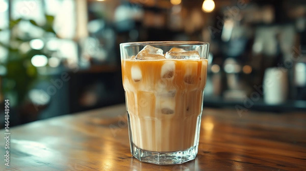 Fototapeta Iced coffee served in a glass on a wooden table in a cozy coffee shop setting