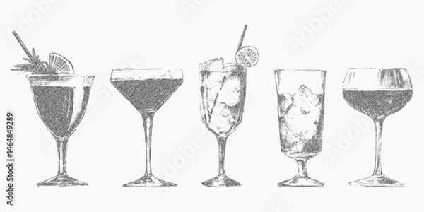 Fototapeta Classic cocktails and drinks, hand drawn with grunge style noisy gritty dot halftone effect. Retro pop art stipple sketch for bar menus and posters, Italian style.
