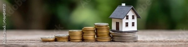 Obraz A stack of coins on top of a house. The coins are gold and the house is white