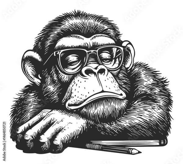 Obraz Thoughtful Monkey with Glasses Engraved Drawing Line Art Design